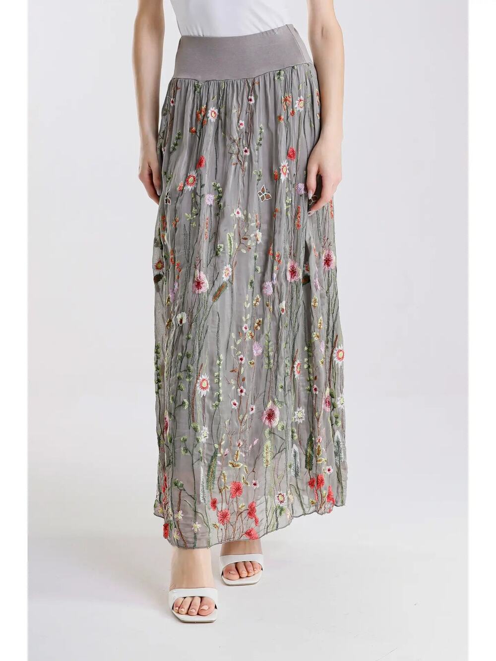 Tina Stephens Garden Sable Silk Skirt Made Italy Embroidered Maxi One Size TAUPE